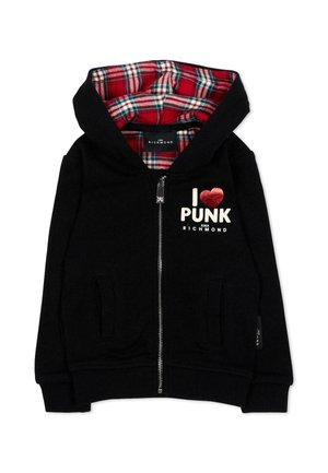 Felpa nera con zip, foderata con motivo scozzese rosso e testo "I heart PUNK John Richmond" sul petto, con tasche frontali e cappuccio.