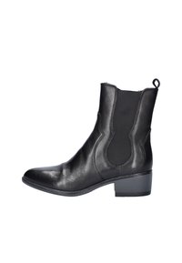 Zwarte leren enkelboot met een puntige neus, elastische zijkanten en een klein hakje. Voorzien van een lus aan de bovenkant voor gemakkelijke toegang. Glad materiaal.