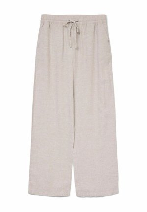 Pantalon en lin beige clair à jambes larges avec une taille élastique et un cordon de serrage à l'avant, présenté à plat sur un fond blanc.