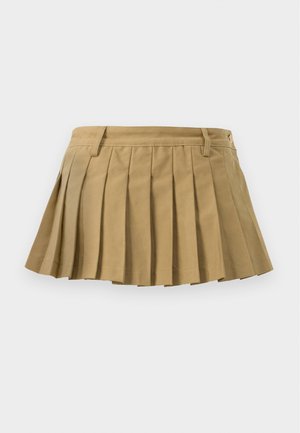 Fustă pliată dintr-un material bej, cu un tiv strâns, multiple plii și o linie de tiv dreaptă. Nu are închideri sau detalii vizibile.