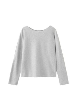 Pull gris clair à manches longues avec un large col rond et un ourlet droit, présenté sur un fond blanc.