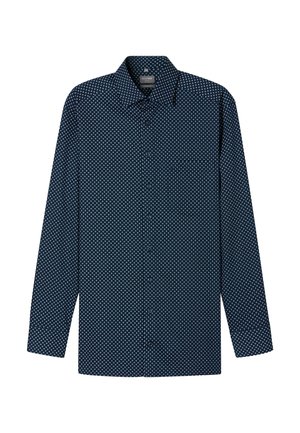 Navy button-up shirt with a geometric pattern of small white dots. Features long sleeves and a classic collar. Smooth fabric texture.