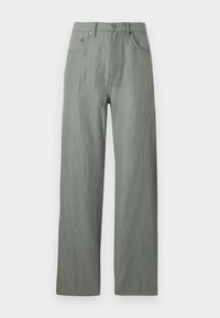 Light green, wide-leg trousers made from a soft, textured fabric. Features include a front button closure and five pockets.