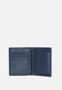 Navy leather wallet with multiple card slots, a smooth texture, and a left-side pocket for identification or additional cards.