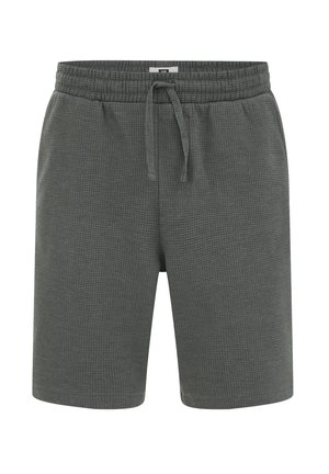 Tumši pelēkas vafelētas šorti ar elastīgu jostasvietu un priekšējo auklu, ceļgalu garuma, ikdienišķā stilā.