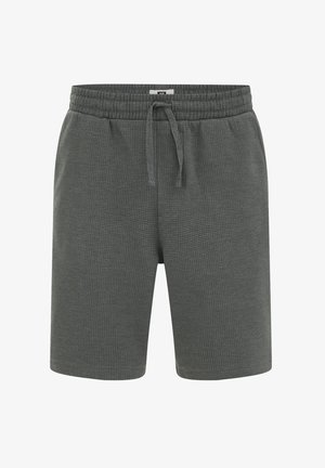 Tumedat hallid võrgusarnase mustriga lühikesed püksid, kummiga vöökoht ja ees pael, põlvekõrgune, vabaaja stiil.