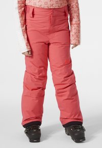 Rosa snöbyxor har en vadderad design med cargofickor, justerbart midjeband och svarta muddar, och är parat med svarta skidstövlar.