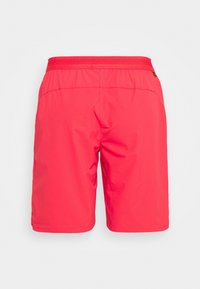 Pantalones cortos deportivos rojos hechos de tejido ligero, con una cinturilla elástica y una textura suave. La vista trasera no muestra bolsillos ni patrones.