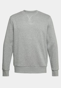 Felpa grigia in tessuto morbido con scollo a girocollo, polsini e orlo a costine. Presenta un dettaglio a punto croce discreto sul collo.