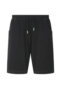 Black shorts made of cotton, featuring elastic waistband with drawstring, two side pockets, and contrasting green stitching details.