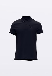 Marineblauw poloshirt gemaakt van gladde stof, met een klassieke kraag, korte mouwen en een klein wit logo op de linkerborst.