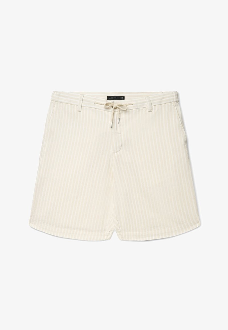 Beige Shorts mit dezenten weißen vertikalen Streifen, Gürtelschlaufen, Seitentaschen und einem vorderen Kordelzug mit Metallenden.