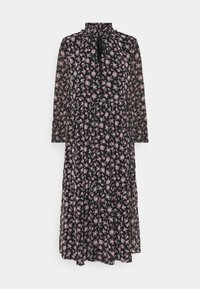 Robe noire à fleurs avec manches longues, dotée d'un col volanté, d'un détail de nœud, de fleurs roses éparses et d'une jupe fluide arrivant au genou.