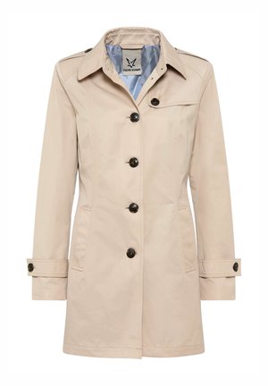 Beiger Trenchcoat knielang mit schwarzen Knöpfen, Seitentaschen, geknöpften Manschetten und einem gestreiften Innenfutter.