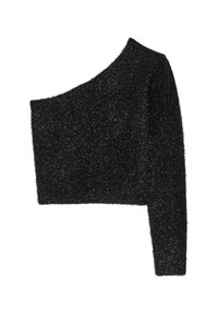 Maglione corto in peluche nero con spalla scoperta, manica lunga sul lato destro e senza manica sul lato sinistro.
