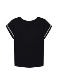 Top nero a maniche corte con scollatura rotonda, caratterizzato da un accento argento lungo le maniche. Realizzato in tessuto morbido con una consistenza liscia.