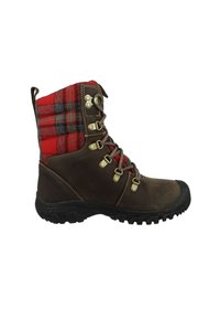 Brauner wasserdichter Winterstiefel mit einem Obermaterial aus rot-grauem Karostoff, Metallösen und einer strukturierten Gummisohle für besseren Halt.