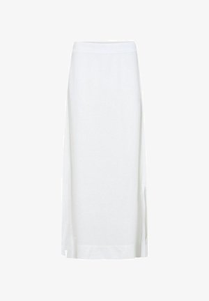 Weißer Midirock mit gerader Silhouette, seitlichen Schlitzen und weicher Stoffstruktur. Er verfügt über einen glatten, elastischen Bund für Komfort.
