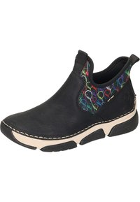 Scarpa nera slip-on con tomaia in pelle texturizzata, lati elasticizzati multicolore e una suola intermedia di colore crema a contrasto.