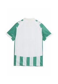 Vit och grön kortärmad sporttröja sedd bakifrån med vertikala gröna ränder i botten och enfärgade gröna ärmar.