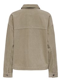 Bēšs kordurojas žakete ar garām piedurknēm, pogājamām aprocēm un taisnu apakšu, attēlots no aizmugures.