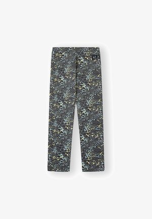 Leggings con una base gris y un estampado de leopardo multicolor en azul y amarillo. Fabricados en tejido elástico, con una textura suave.