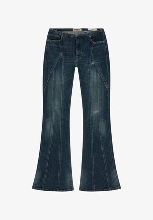 Donkerblauwe flared jeans met verticale naden, voorkantzakken, lichte slijtageplekken en een ritssluiting.