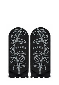 Zwarte sokken met een bloemenpatroon in lichtgrijze draad, waarbij de merknaam "FALKE" in het patroon is verwerkt.