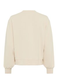 Lichtbeige sweatshirt met een ronde hals, verlaagde schouders en lange, opgezette mouwen. Zachte stof met een gladde textuur en geribbelde manchetten.