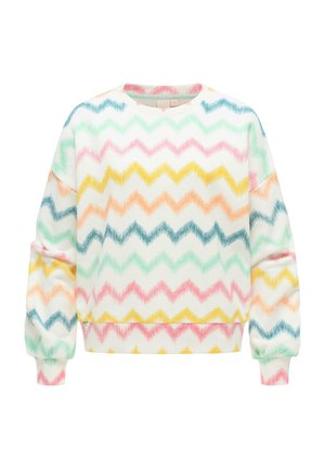 Biała bluza z kolorowymi zygzakowymi paskami w kolorach różowym, żółtym, zielonym, pomarańczowym i niebieskim, z długimi rękawami i okrągłym dekoltem.