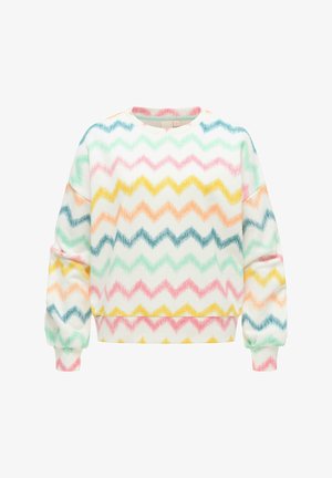 Witte trui met kleurrijke zigzagstrepen in roze, geel, groen, oranje en blauw, voorzien van lange mouwen en een ronde hals.