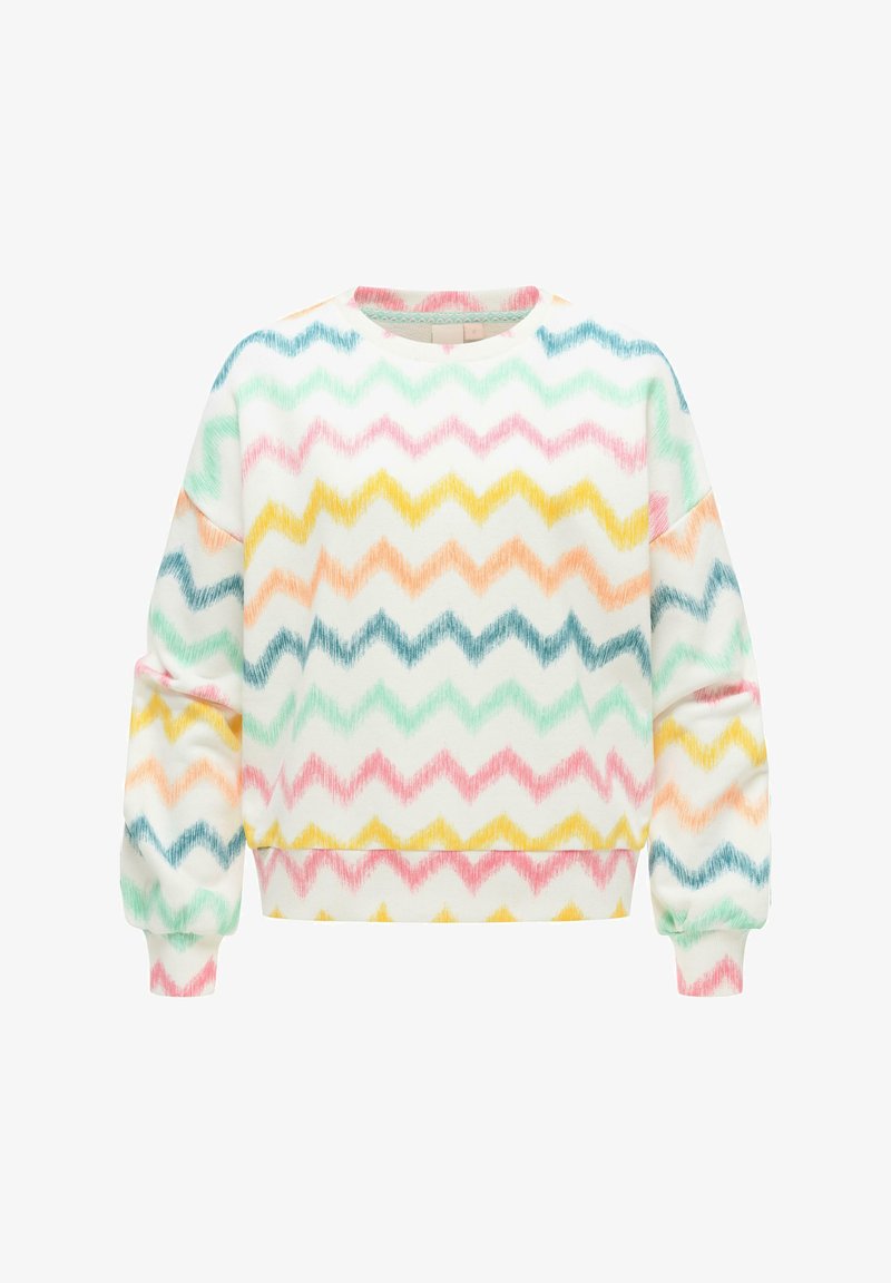 Hvit genser med fargerike sikksakkstriper i rosa, gul, grønn, oransje og blå, med lange ermer og rund hals.