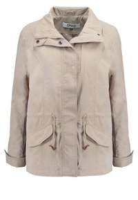 Veste beige légère avec col droit, fermeture éclair à l'avant et boutons-pression, taille réglable par cordon, et deux poches à rabat.