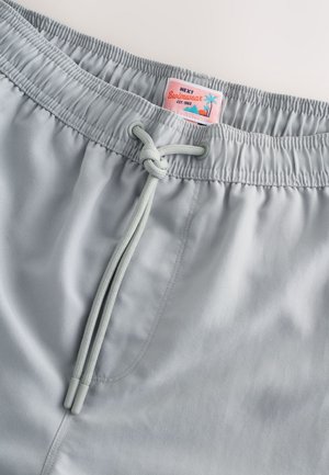 Shorts de bain gris clair avec une taille élastique, une fermeture à cordon de serrage, et une étiquette logo avec des graphismes colorés en haut du bord.