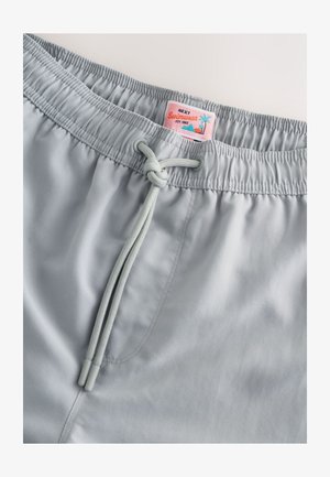 Shorts de bain gris clair avec une taille élastique, une fermeture à cordon de serrage, et une étiquette logo avec des graphismes colorés en haut du bord.