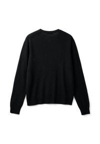 Černý vlněný svetr, kulatý výstřih, dlouhé rukávy, žebrovaný lem a manžety, hladká textura, minimalistický design, pohled zezadu.