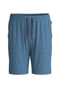 Patroons zwembroek in blauw met een geometrisch patroon in wit en rood. Voorzien van een elastische tailleband met grijze trekkoorden.