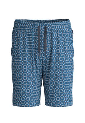 Patroons zwembroek in blauw met een geometrisch patroon in wit en rood. Voorzien van een elastische tailleband met grijze trekkoorden.