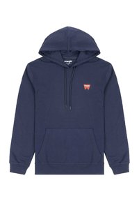 Granatowa bluza z kapturem wykonana z bawełny, z przednią kieszenią, sznurkami do regulacji i małym czerwonym logo na klatce piersiowej.