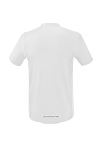 Camicia bianca a maniche corte con collo classico. Tessuto leggero e morbido con una sottile linea di dettaglio vicino all'orlo. Design minimalista.