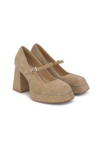 Décolleté Mary Jane in suede beige con punta arrotondata, tacco largo a blocco e cinturino regolabile con fibbia metallica.