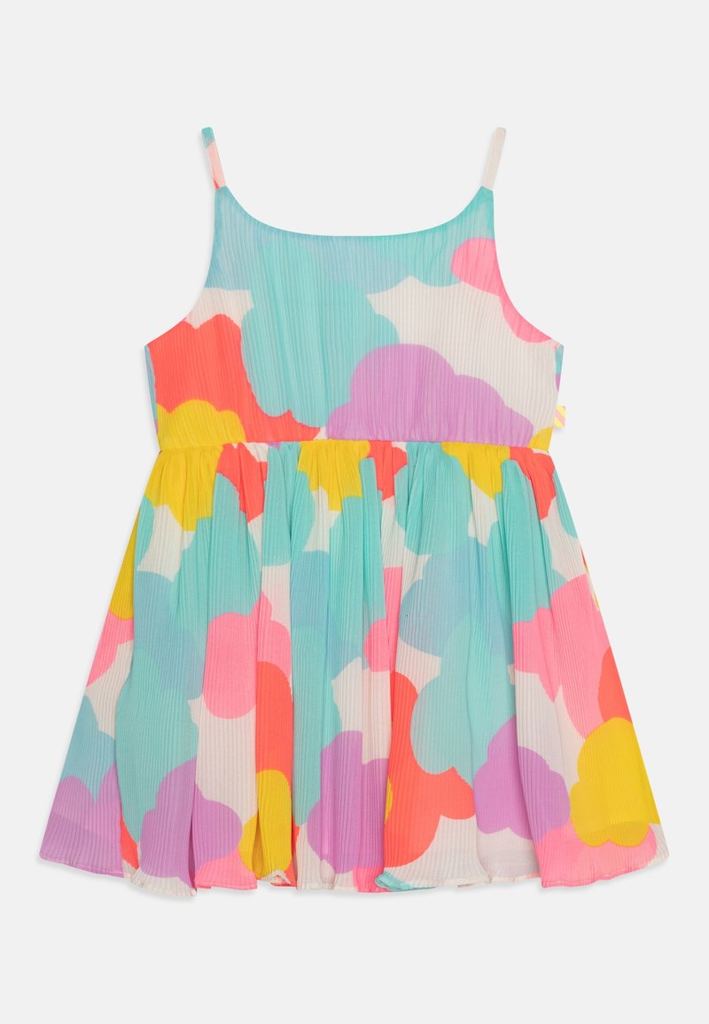 Robe sans manches avec jupe froncée arborant un motif floral abstrait coloré en tons pastel bleu, rose, jaune, violet et corail.