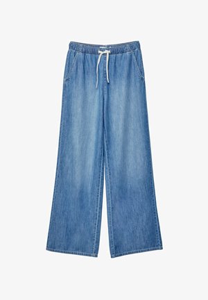 Vaaleansiniset farkut, joissa on leveät lahkeet, joustava vyötärö naruilla, sivutaskut ja pehmeä, sileä pinta.