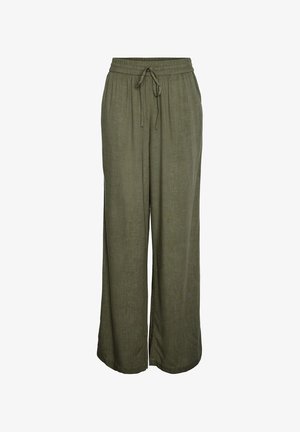 Lahtised oliivrohelised linased püksid, millel on elastne vöökoht ja ees reguleeritav nöörpael.