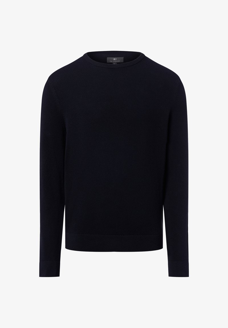 Pull en tricot bleu marine avec un col rond, des poignets et un ourlet côtelés, affichant un motif texturé sur l'ensemble.