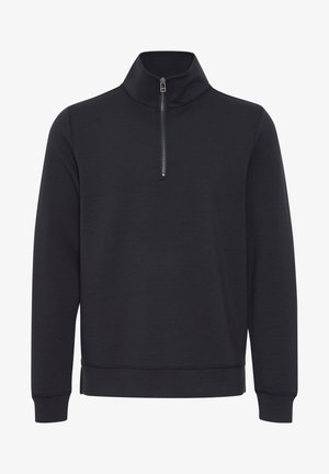 Dark gray pullover with a high collar and a quarter zipper. Soft texture, long sleeves, and elastic cuffs and hem. Simple design, no patterns.
