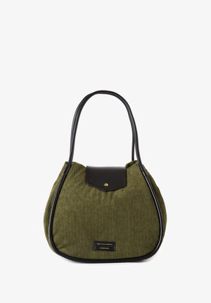 Olive green corduroy bag with black leather accents, rounded shape, dual black shoulder straps, and a front flap featuring a brass snap.