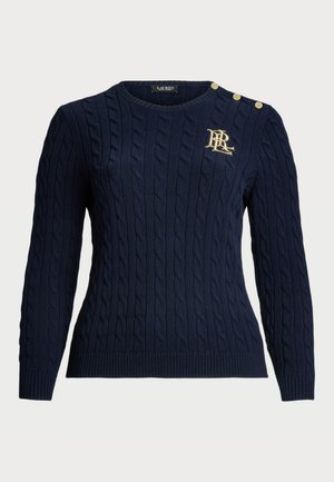 Suéter de malha em azul-marinho, com mangas longas, bainha canelada e decote redondo. Apresenta botões dourados no ombro e um detalhe em creme com o logótipo.