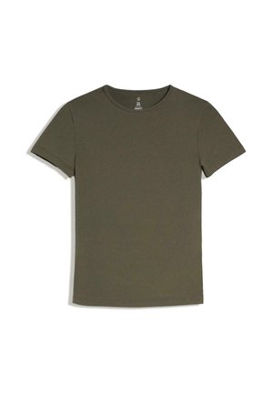 Korte mouw olijfgroene ronde hals t-shirt, eenvoudig ontwerp, plat weergegeven op witte achtergrond.