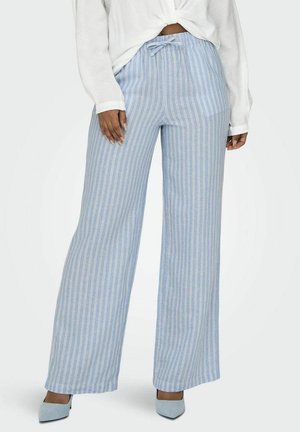Lichtblauwe wijde broek met verticale witte strepen, elastische taille en trekkoorddetail. Gladde textuur met een relaxte pasvorm.